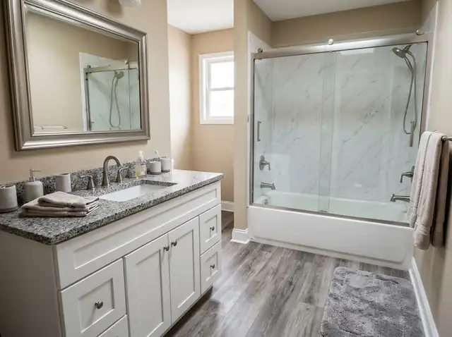 Remodeled bathroom with a white vanity, granite top and a marble-look shower